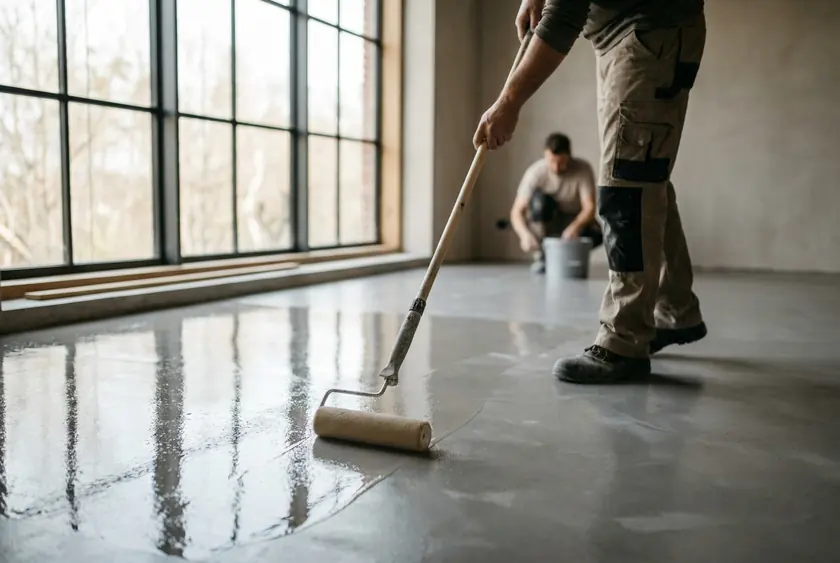 Application de la couche de protection sur un sol en béton ciré